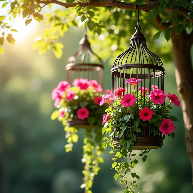 Gaiolas suspensas com petúnias coloridas.