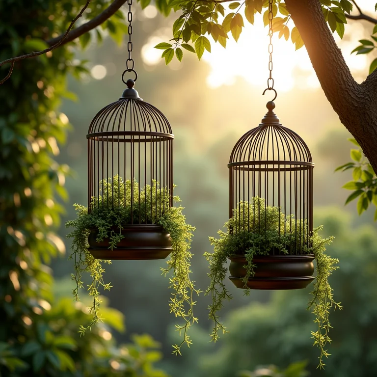 Gaiolas suspensas com plantas pendentes