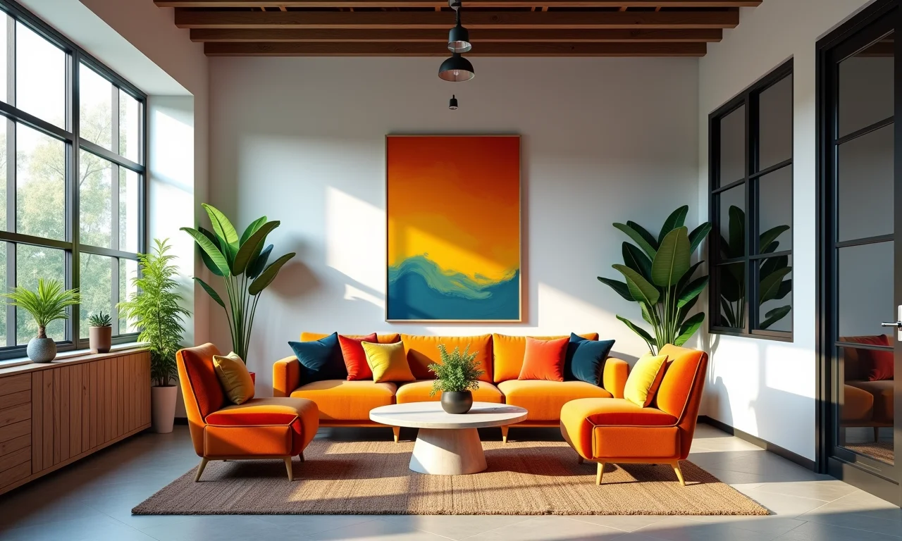 Galpão com cores neutras e detalhes vibrantes.