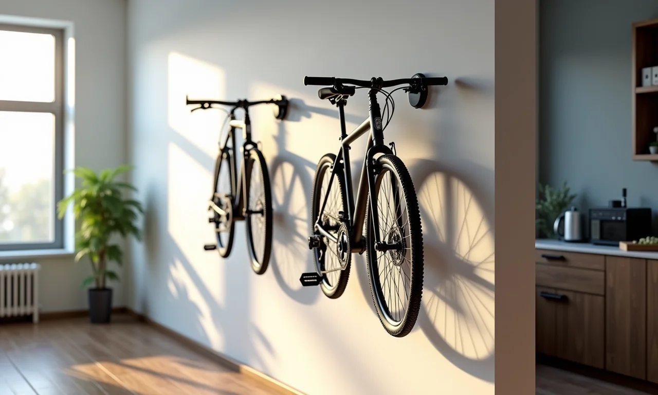 Ganchos de parede para bicicletas em apartamento.