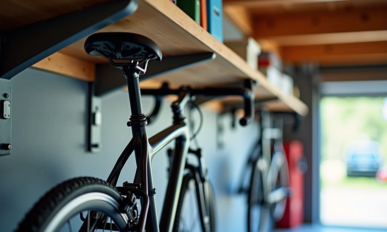 Ganchos de teto para bicicletas em garagem.