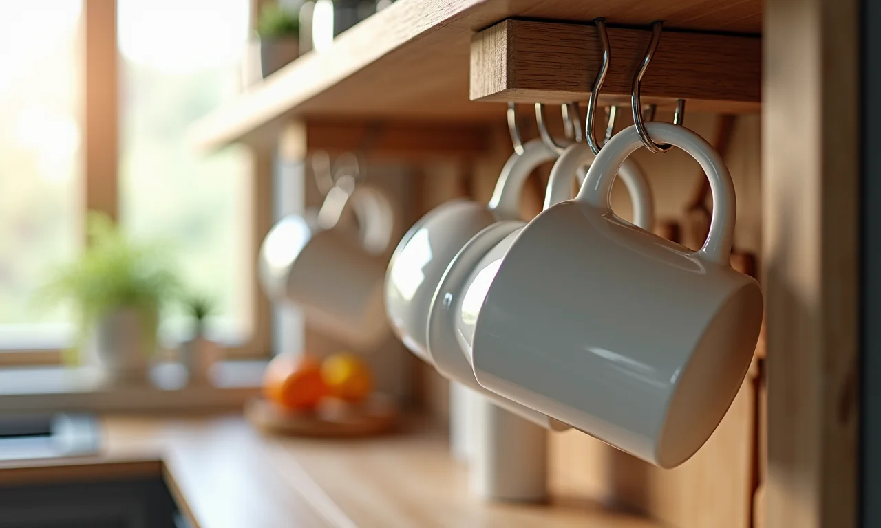 Ganchos e suportes para canecas e utensílios.