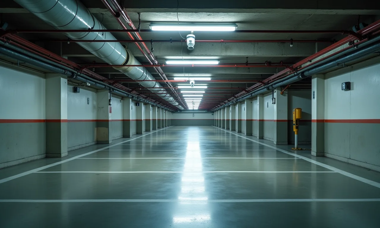 Garagem bem iluminada com câmeras de segurança.