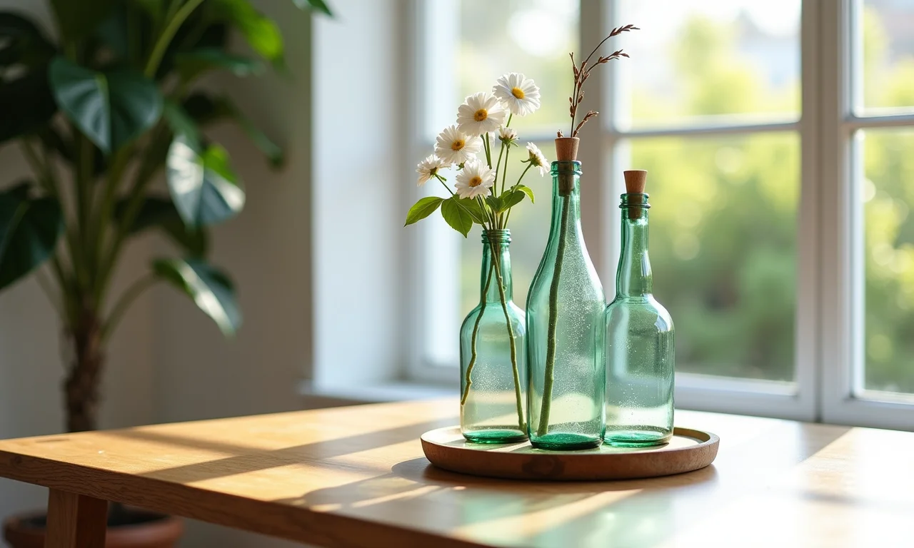 Garrafas de vidro utilizadas na decoração, adicionando charme e elegância.