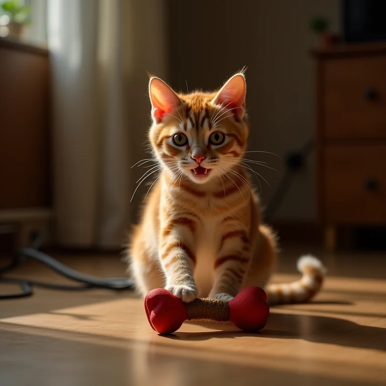 Gato brincando com brinquedo seguro enquanto fios estão fora de alcance.