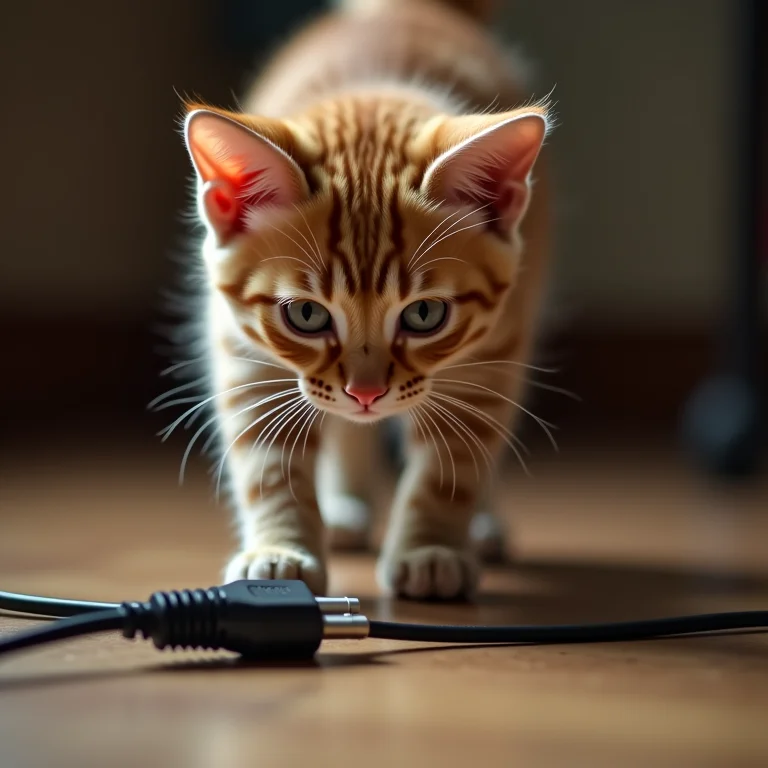 Gato curioso explorando fios elétricos no chão