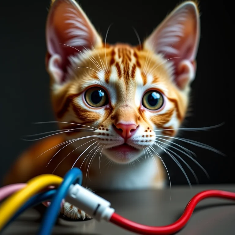 Gato observando um fio elétrico colorido com curiosidade.