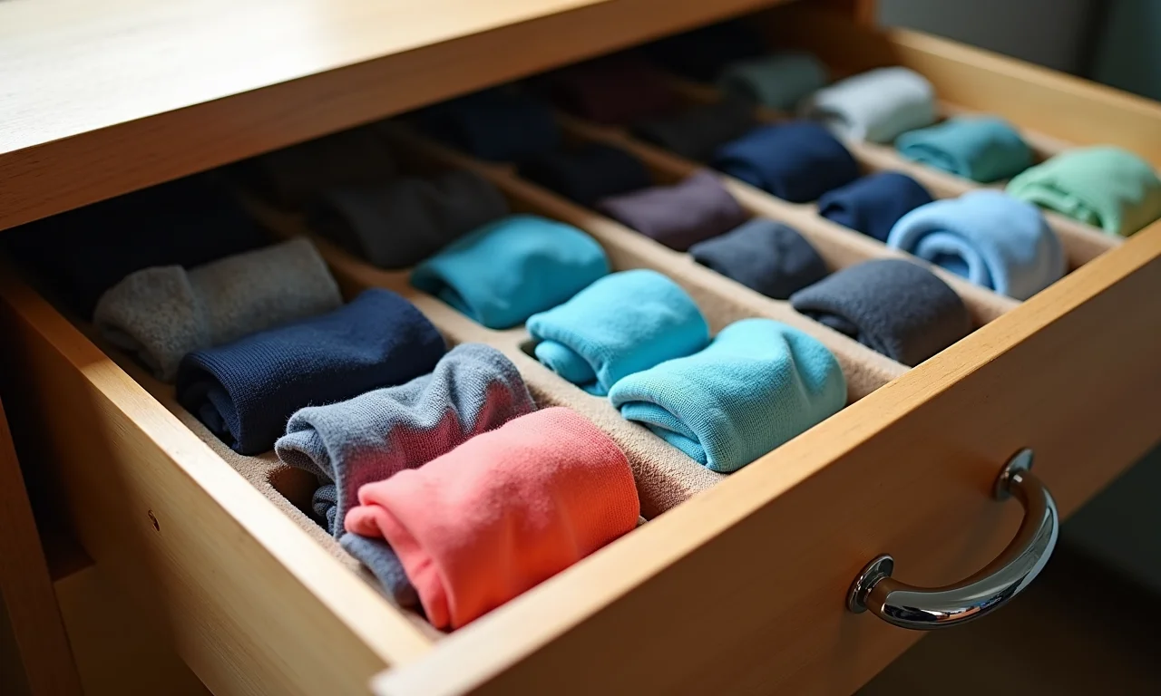 Gaveta organizada com divisórias feitas de caixas de sapato.