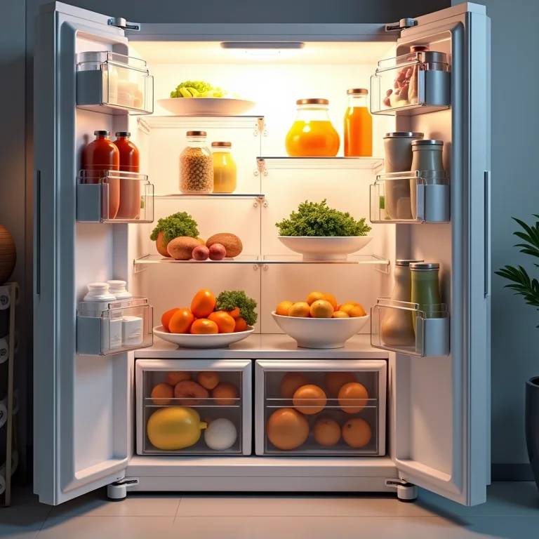 Geladeira aberta mostrando alimentos organizados nas prateleiras.