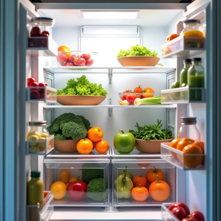 Geladeira organizada com poucos alimentos frescos, minimizando o desperdício.