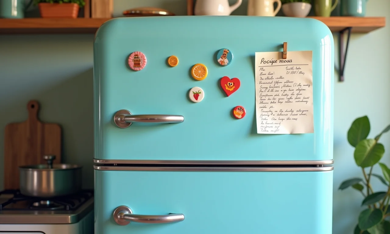 Geladeira retrô azul pastel com ímãs vintage e receita manuscrita.