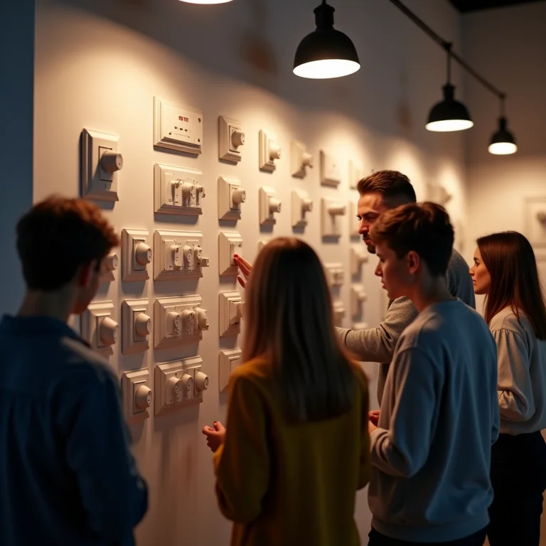 Grupo de pessoas examinando interruptores e tomadas em um evento de compra coletiva