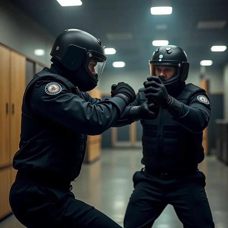 Guarda de segurança praticando técnicas de autodefesa durante o treinamento.
