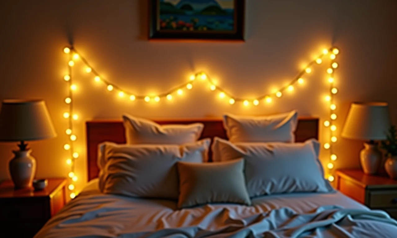 Guirlanda de luzes de fada na cabeceira da cama.