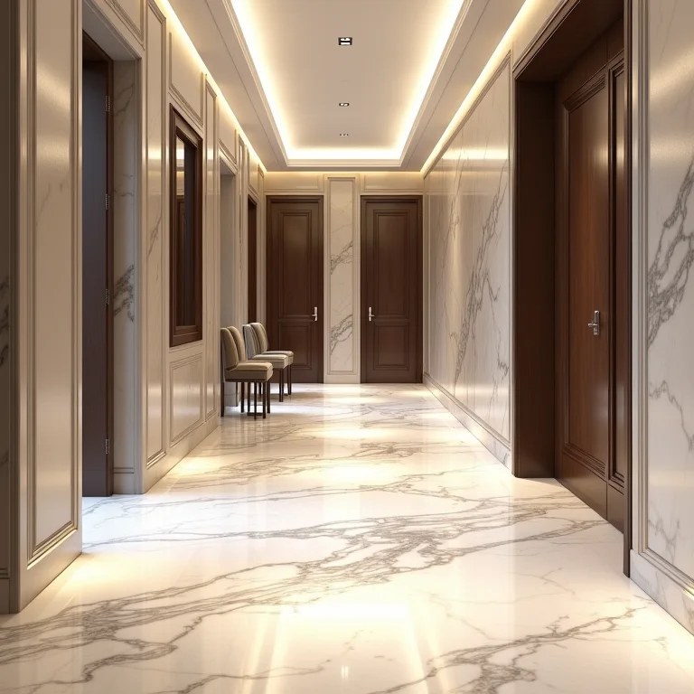 Hall de entrada luxuoso com piso de mármore e granito