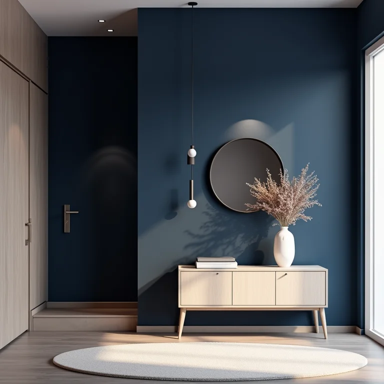 Hall de entrada moderno com parede azul escura e mesa clara