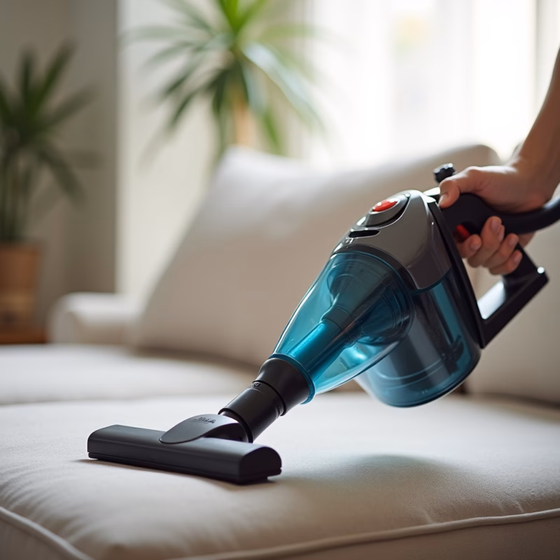 Hand holding vacuum cleaner nozzle cleaning sofa, natural light, professional photography, 8K Aspirando sofá antes da impermeabilização.