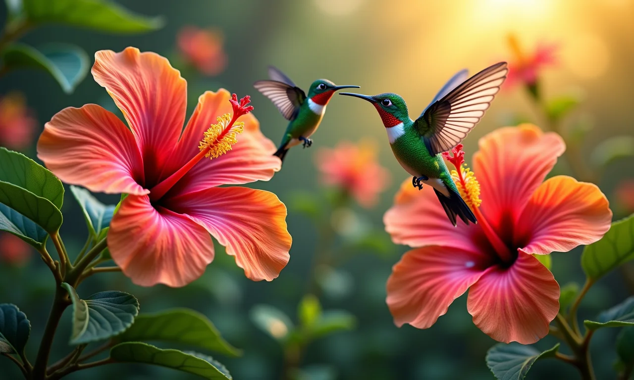 Hibisco vibrante atraindo beija-flores.