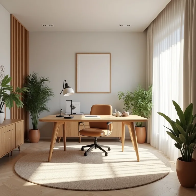 Home office estiloso e bem decorado com piso atraente.