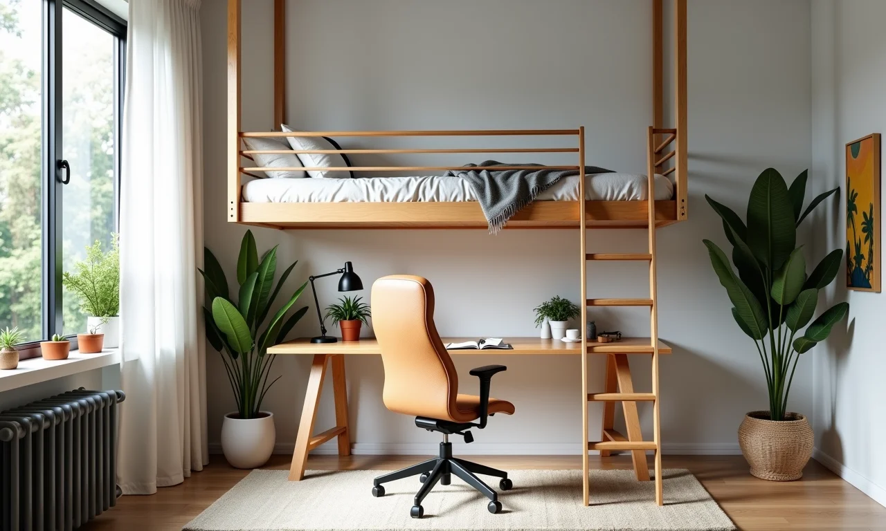 Home office funcional embaixo de uma cama suspensa.