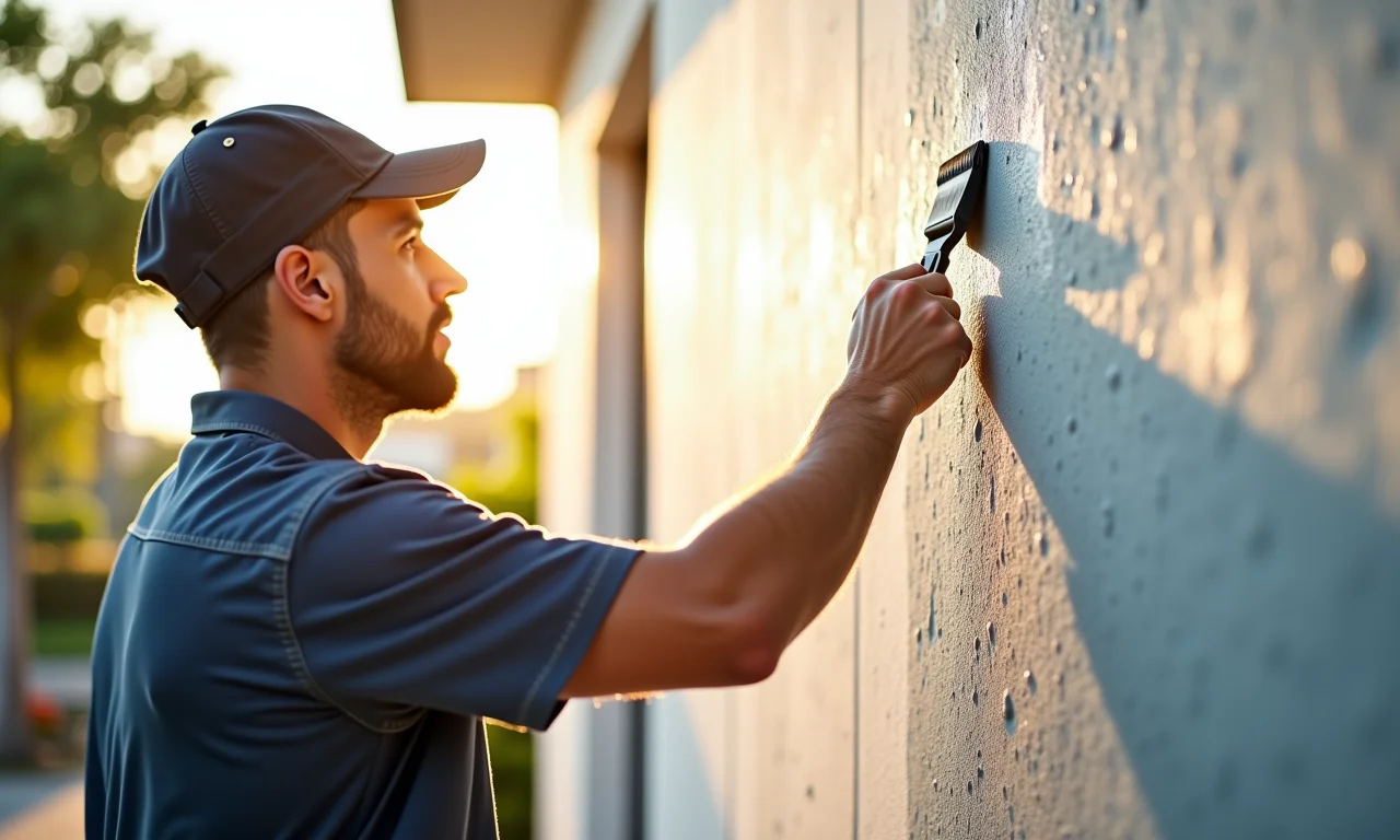 Homem aplicando Suvinil Massa Acrílica em parede externa.