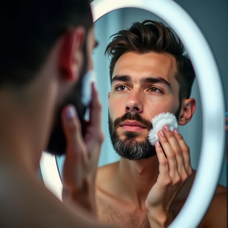 Homem barbeando-se em frente a um espelho com LED