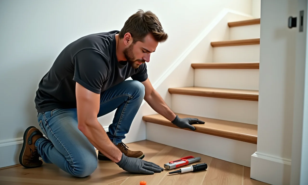 Homem instalando piso vinílico autocolante em escada, demonstrando a facilidade.
