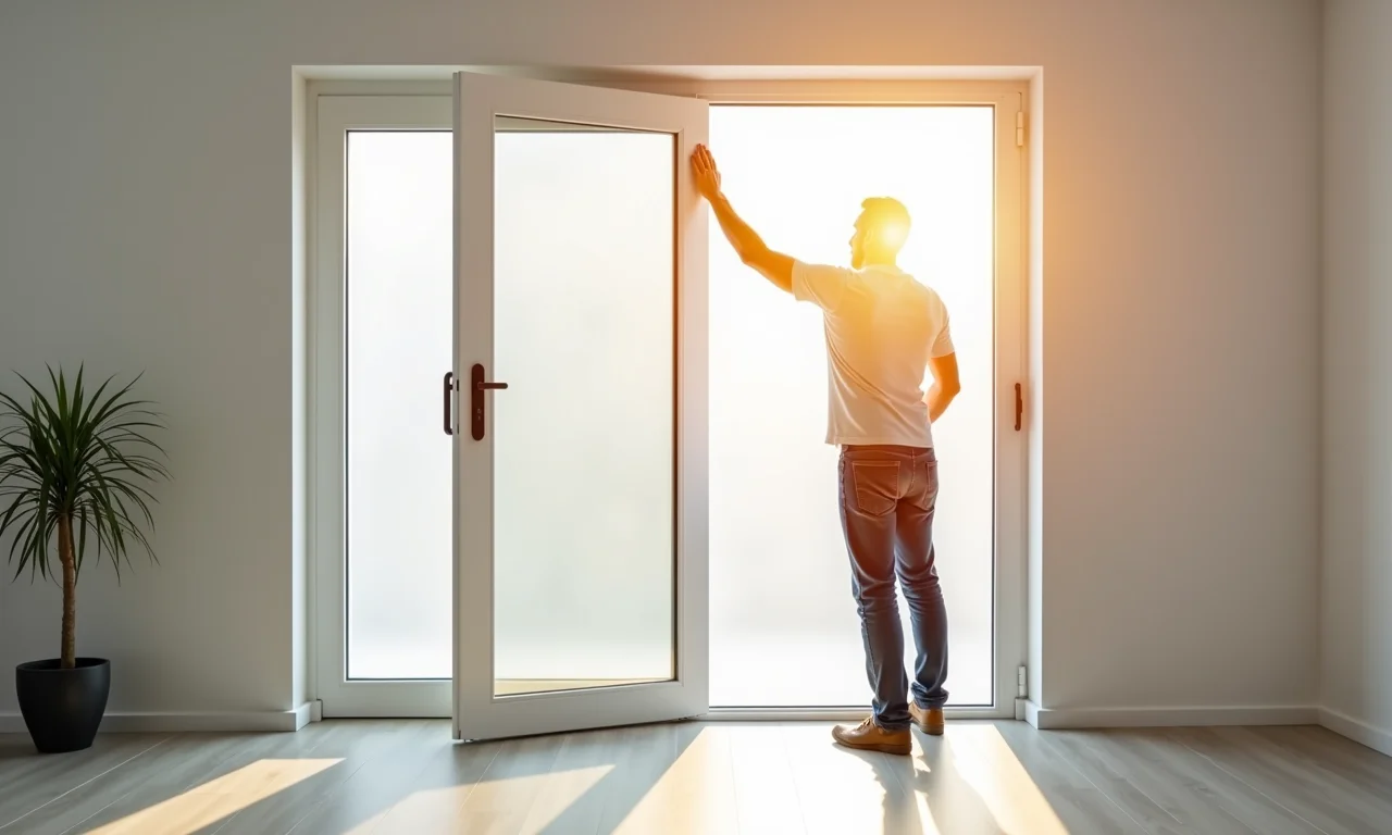 Homem instalando porta de alumínio branca, demonstração de leveza.
