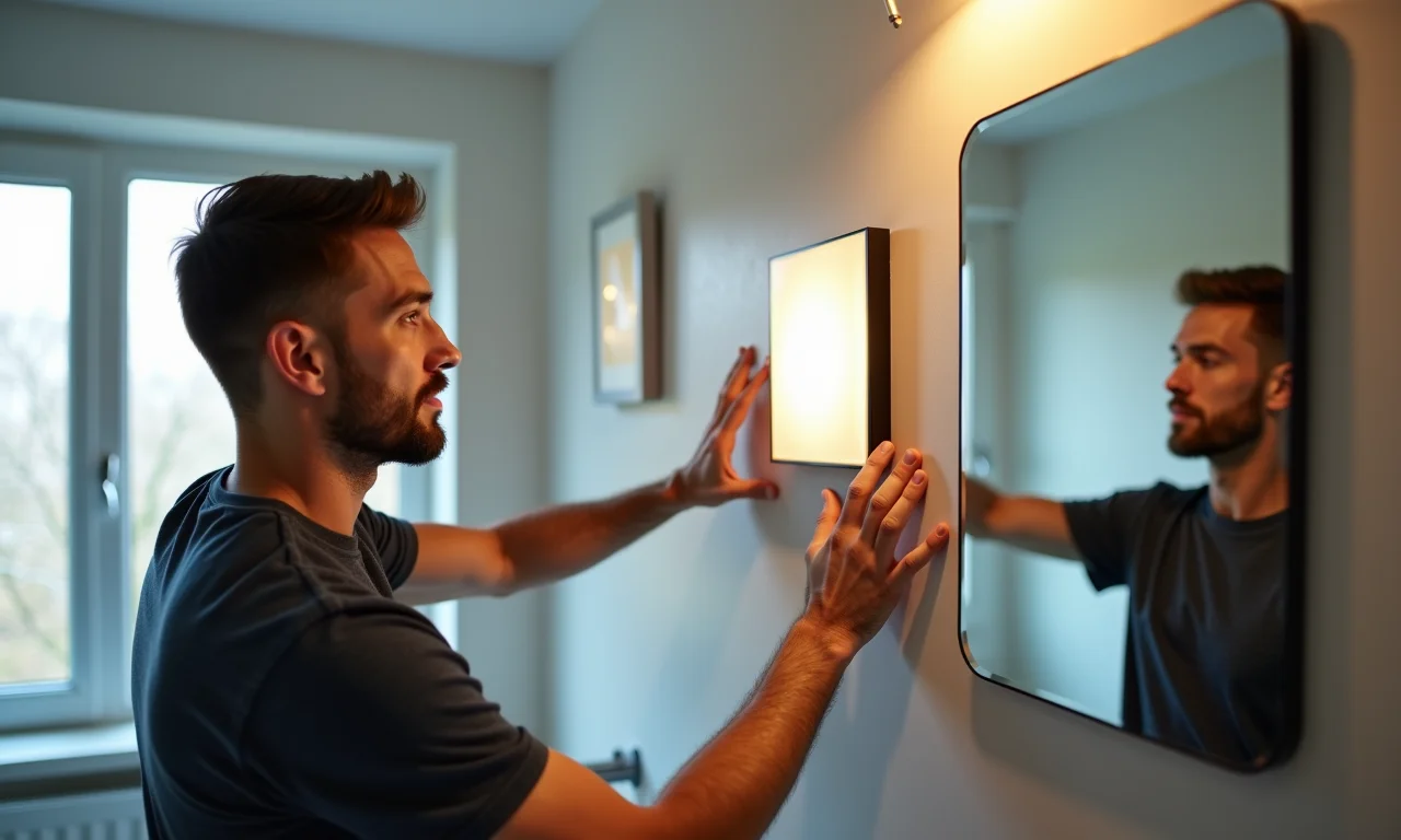 Homem instalando uma placa de banheiro moderna.