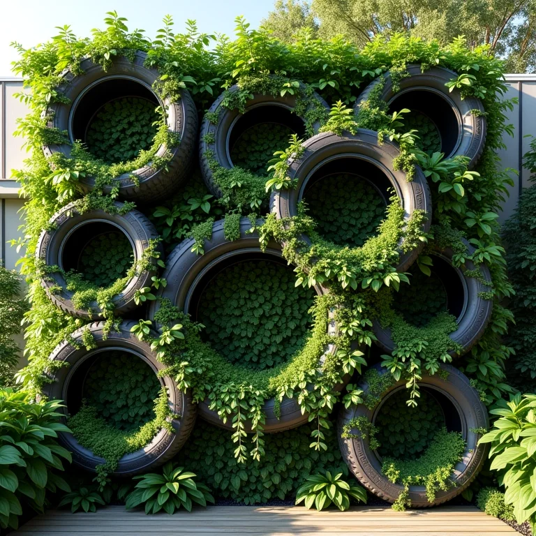 Horta vertical suspensa em pneus, com plantas trepadeiras.