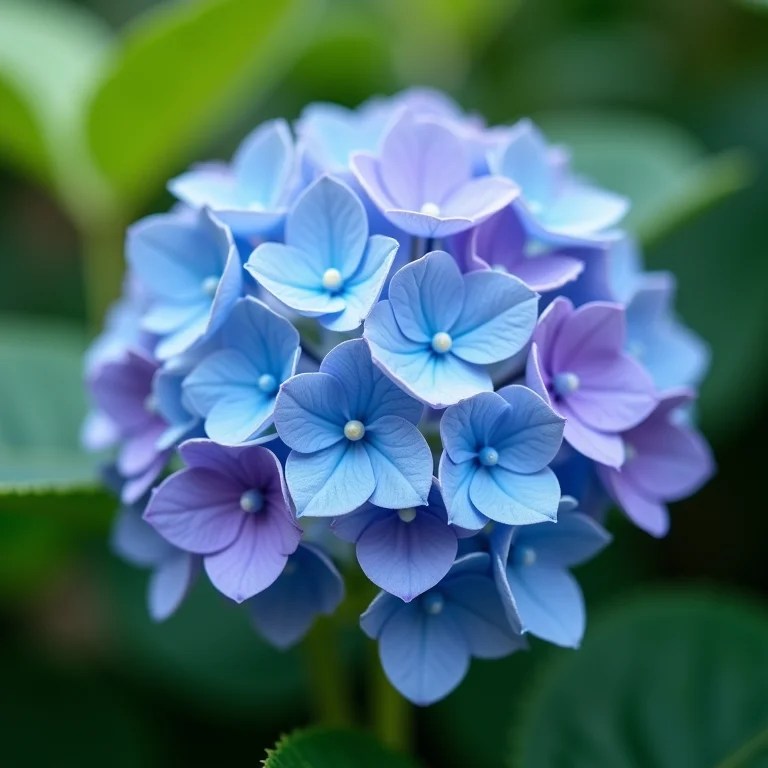 Hortênsias azuis e roxas em um jardim
