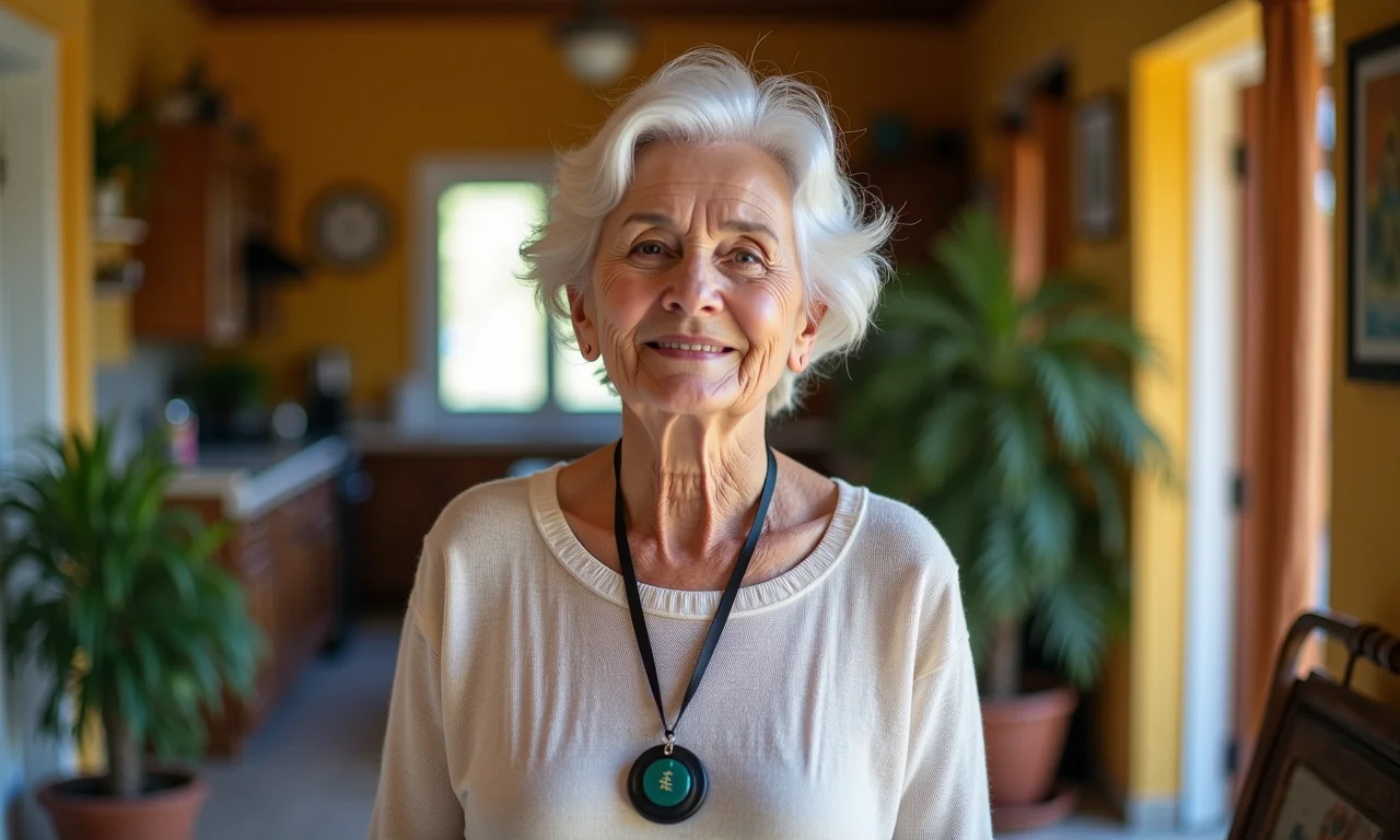 Idosa caminhando livremente pela casa com colar de detecção de queda.