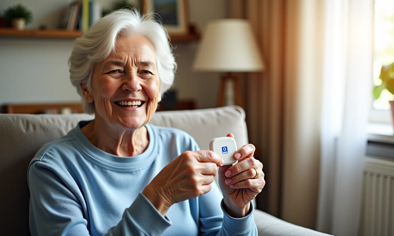 Idosa sorrindo segurando botão de pânico: tranquilidade em casa.