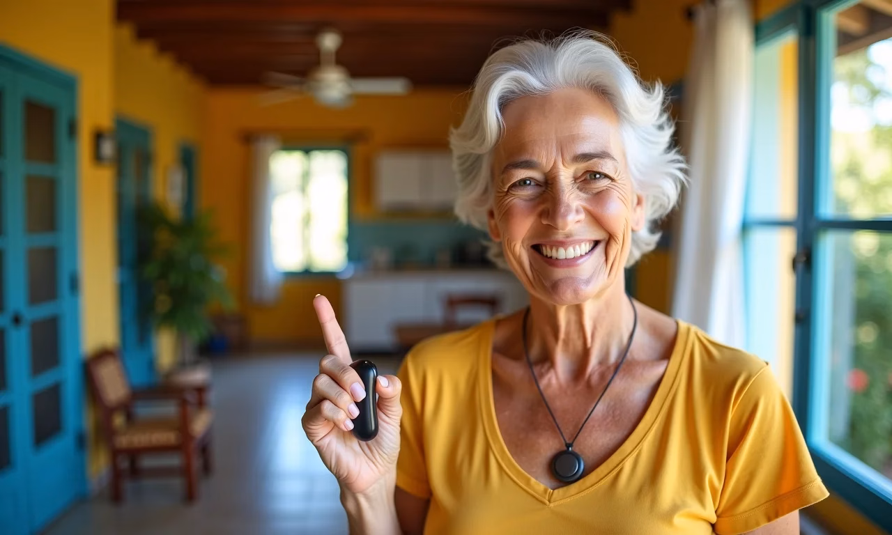 Idosa sorrindo usando colar com botão de pânico em casa aconchegante.