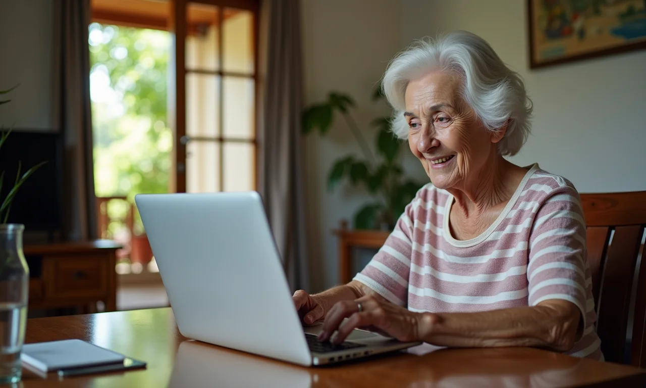 Idosa utilizando sistema de teleassistência na sala de estar.