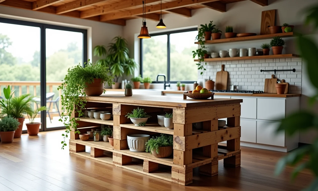 Ilha de cozinha de pallet com tampo de madeira e plantas.