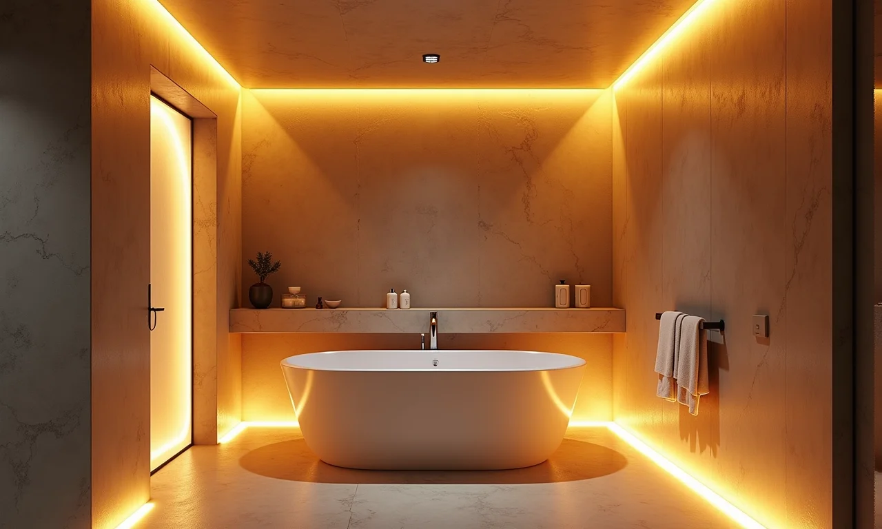 Iluminação aconchegante em banheiro com cimento queimado, destacando a textura.