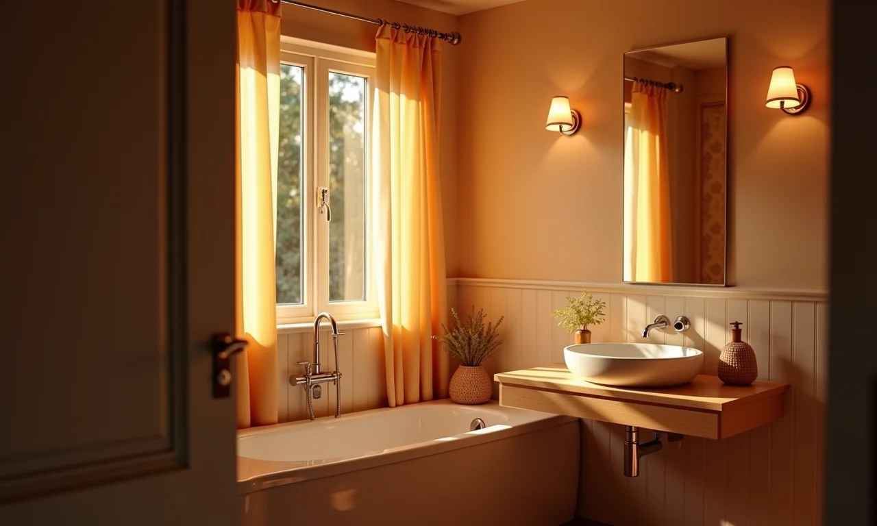 Iluminação aconchegante em banheiro reformado.