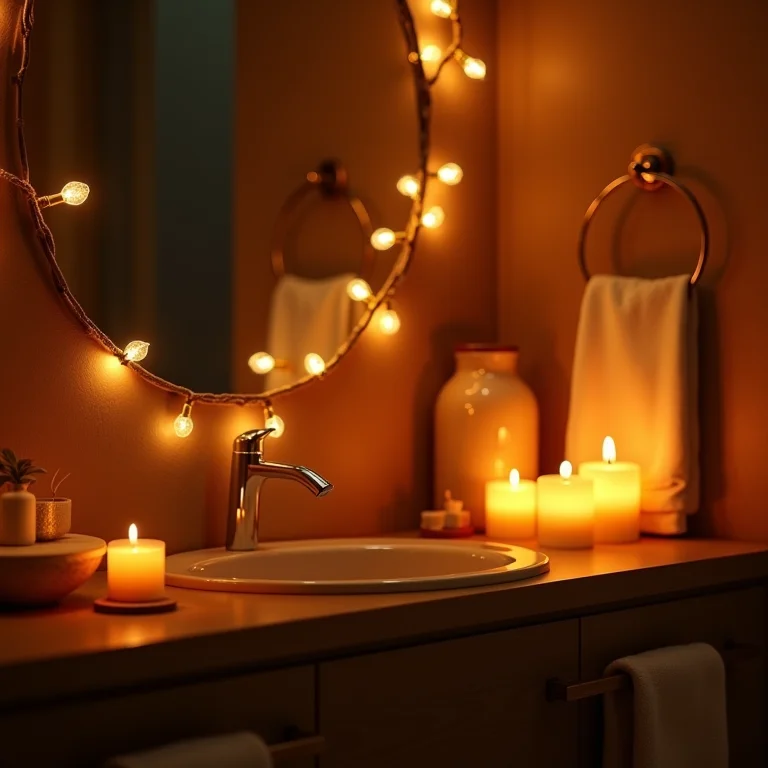 Iluminação aconchegante em um banheiro boho chic.