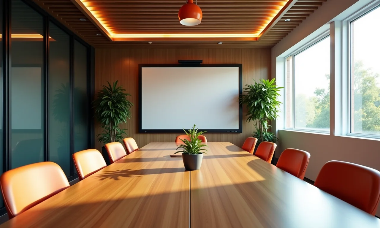 Iluminação agradável e produtiva em uma sala de reunião.