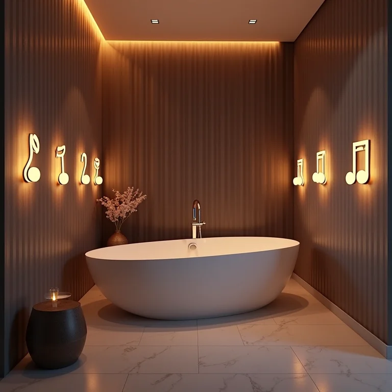 Iluminação ambiente em banheiro com tema musical, luzes em formato de notas musicais.