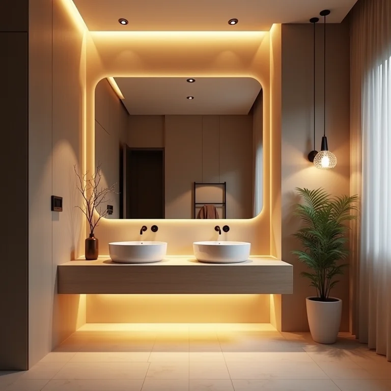 Iluminação bem planejada em um banheiro pequeno.