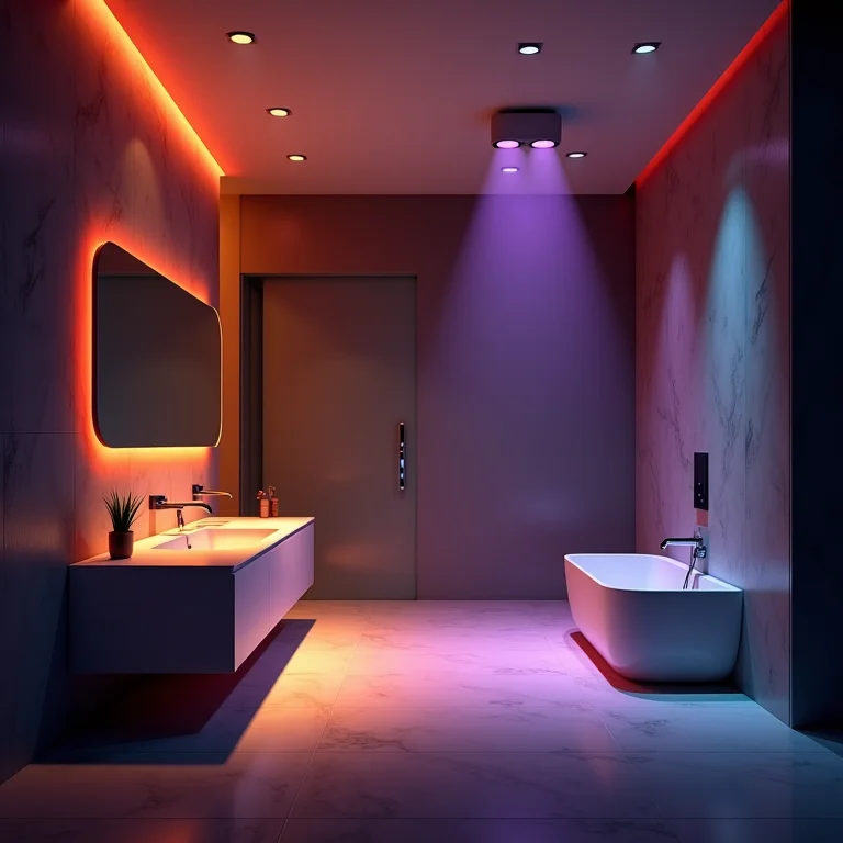 Iluminação com luzes coloridas e spots direcionáveis no banheiro temático.