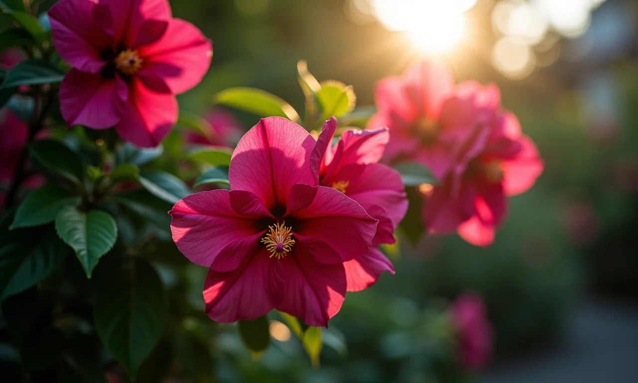 Iluminação de destaque valorizando uma vibrante buganvília no jardim.