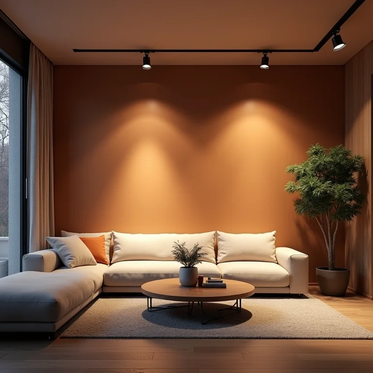 Iluminação de trilho criando diferentes cenários em uma sala de estar.