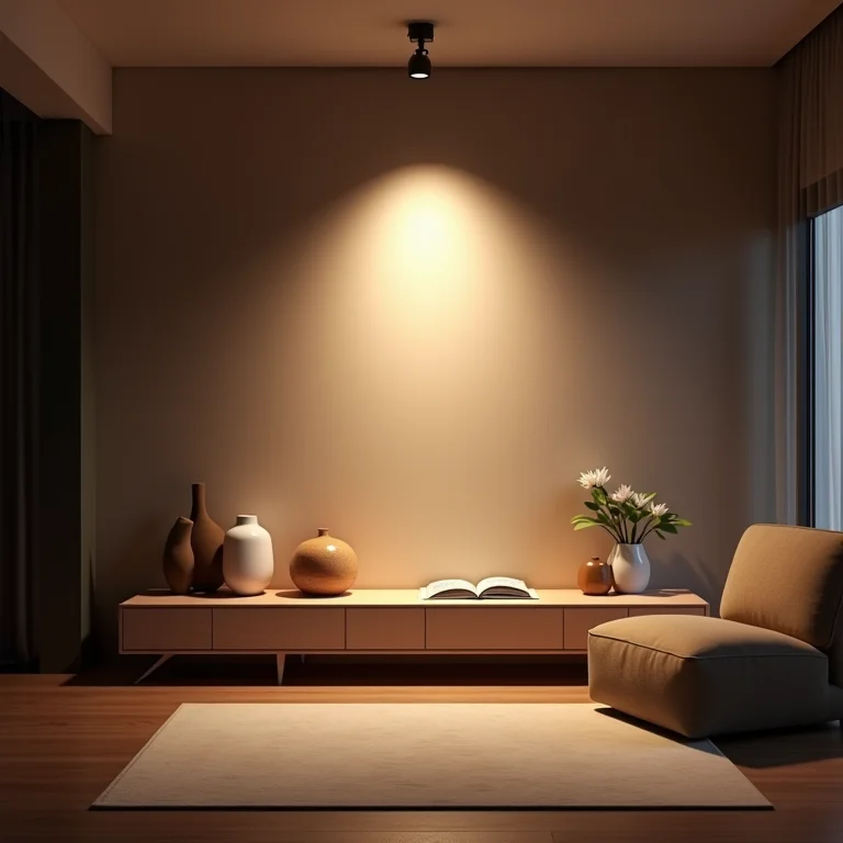 Iluminação de trilho destacando objetos de decoração.