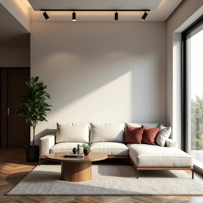 Iluminação de trilho em uma sala de estar com decoração minimalista.