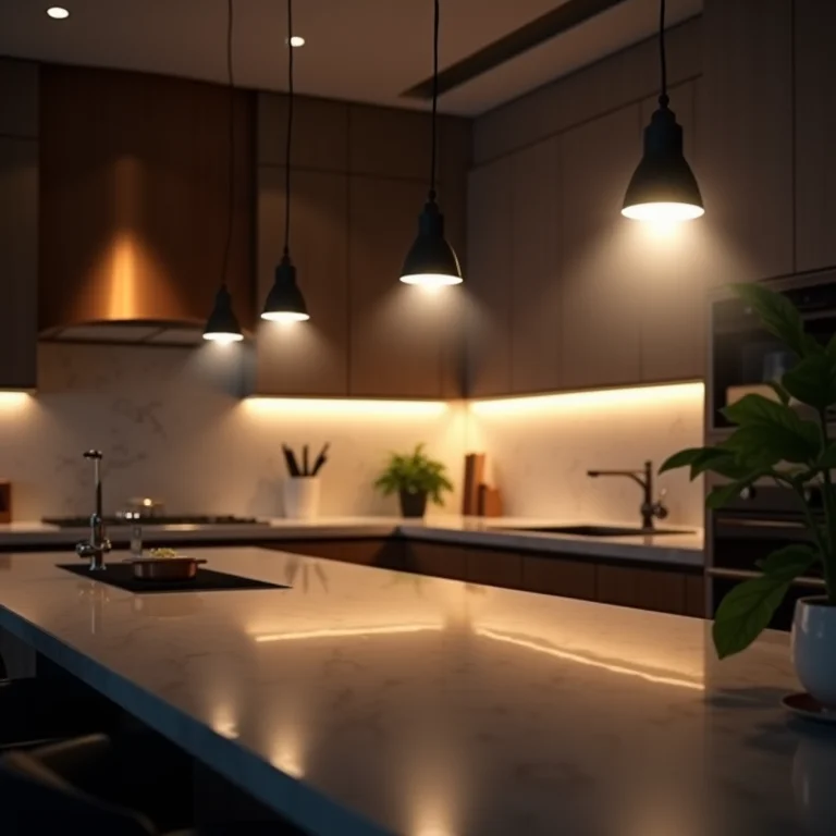 Iluminação de trilho iluminando áreas específicas em uma cozinha.