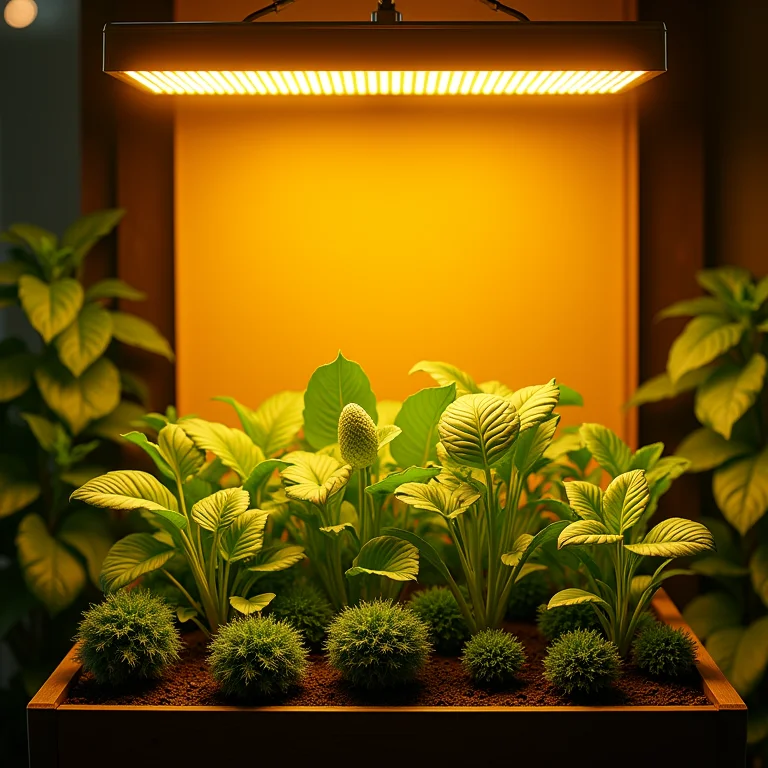 Iluminação de um jardim vertical com luzes LED.
