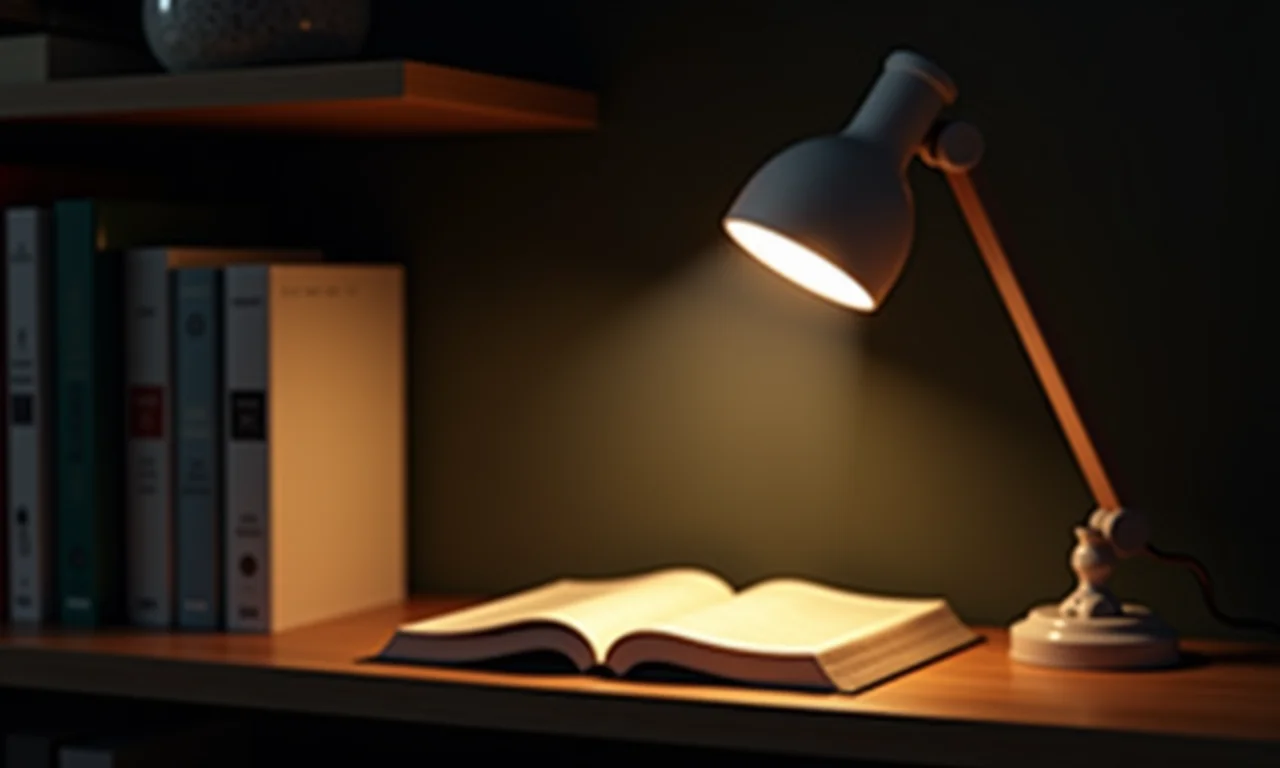 Iluminação direcionada de uma luminária de clip em uma estante de livros.